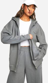 Geborduurde Hoodie Met Volledige Ritssluiting In Oversized Pasvorm, Charcoal