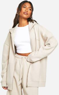 Geborduurde Hoodie Met Volledige Ritssluiting In Oversized Pasvorm, Stone - L