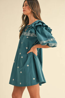 Geborduurde Mini Jurk met Rimpel Mouwen Groenblauw