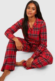 Geborsteld Geruit Overhemd Met Lange Mouwen & Broeken Pyjama Set, Red - 42