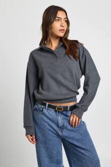 Geborsteld Ribtop Met Ingetrokken Taille, Kraag En Lange Mouwen, Charcoal - 38