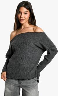 Geborstelde Chunky Rib Off-Shoulder Top, Charcoal - 36