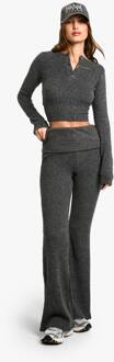 Geborstelde Chunky Rib Omgeslagen Taille Flare Broek, Charcoal - 40