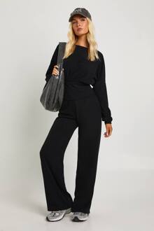 Geborstelde Micro Rib Top Met Getailleerde Taille En Lange Mouwen En Bijpassende Broek, Black - 40