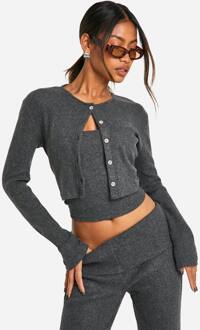 Geborstelde Rib Cardigan Met Knoopdoorloop & Cami Top, Charcoal - 42