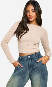 Geborstelde Rib Crewneck Top Met Lange Mouwen, Stone - 36