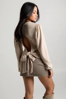 Geborstelde Rib Top Met Lange Mouwen En Tie-Back Detail, Stone - 44