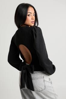 Geborstelde Rib Top Met Tie-Back Detail En Lange Mouwen, Black - 38