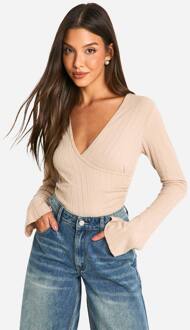 Geborstelde Rib Wrap Front Top Met Lange Mouwen, Stone - 42