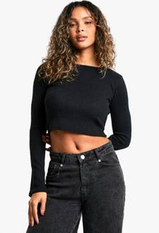 Geborstelde Ribtop Met Ronde Hals En Lange Mouwen, Black - 40