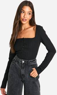 Geborstelde Ribtop Met Vierkante Hals En Knopen, Black - 36