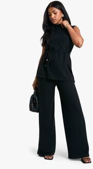 Geborstelde Tuniek Top Met Strikceintuur En Wijde Pijpenbroek, Black - 34