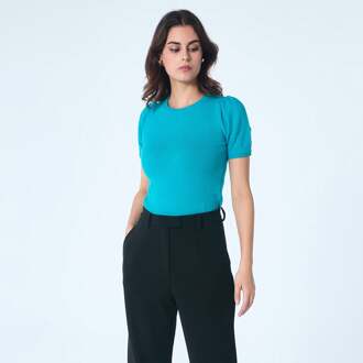 Gebreid topje met korte mouwen en ronde hals Blauw