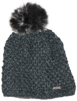 Gebreide beanie muts donker grijs met nep bont pompon voor dames