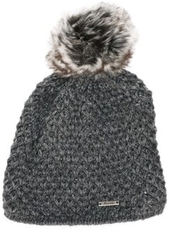 Gebreide beanie muts grijs met nep bont pompon voor dames