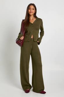 Gebreide Cardigan Met Kraagdetail En Knoopsluiting En Broek Met Rechte Pijpen Co-Ord, Khaki - S