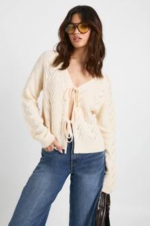 Gebreide Cardigan Met Pointelle-Detail En Tie-Front, Cream