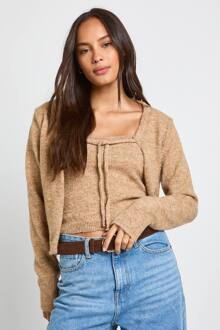 Gebreide Cardigan Met Strikdetail Aan De Voorkant En Cami-Topset, Camel - L