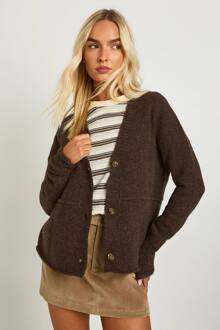 Gebreide Cardigan Met V-Hals En Naaddetails, Chocolate - S