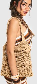 Gebreide Gehaakte Strandtas, Mocha - ONE SIZE