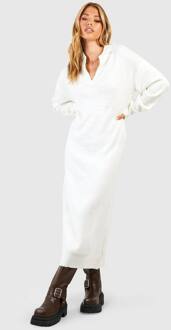 Gebreide Midi-Jurk Met V-Hals En Kraag, Ecru - 38