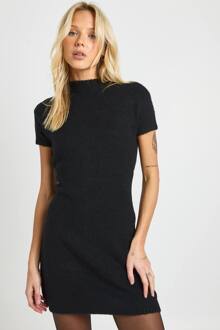 Gebreide Mini-Jurk Met Hoge Hals En Korte Mouwen, Black - S