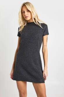 Gebreide Mini Jurk Met Hoge Hals En Korte Mouwen, Charcoal - S