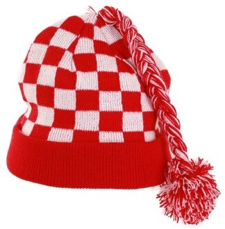 Gebreide muts Noord-Brabant kleuren - rood/wit geblokt - volwassenen - Carnaval feestartikelen