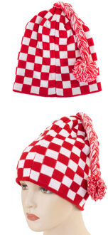 Gebreide muts rood/wit geblokt voor volwassenen