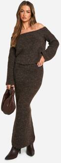 Gebreide Oversized Bardot Trui En Maxi Rok Set, Chocolate