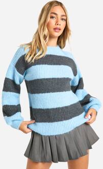 Gebreide Oversized Crewneck Trui Met Strepen, Blue