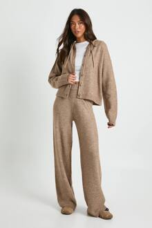 Gebreide Oversized Hoodie Met Knoopjes Aan De Voorkant En Wijde Broek, Taupe - S