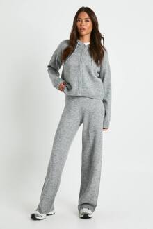 Gebreide Oversized Hoodie Met Knoopsluiting En Broek Met Wijde Pijpen, Grey - L