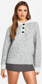Gebreide Oversized Trui Met Geribbelde Kraag En Knoopsluiting, Grey Marl - L