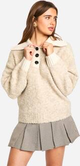 Gebreide Oversized Trui Met Geribde Kraag En Knoopsluiting, Oatmeal - S