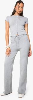 Gebreide T-Shirt Met Knoop-Doorsteek En Wijde Pijpen Broek Set, Grey - L