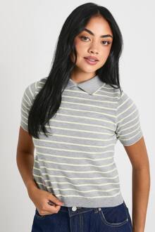 Gebreide Top Met Gestreepte Kraag En Schelprand, Grey - XL