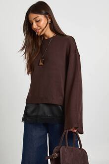 Gebreide Trui Met Ronde Hals En Uitlopende Mouwen, Chocolate - L
