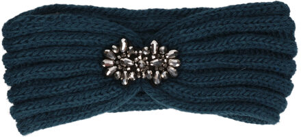 Gebreide winter hoofdband petrol blauw met bloem voor dames - Winter kleding accessoires