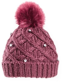 Gebreide winter muts bordeaux rood met diamanten voor dames