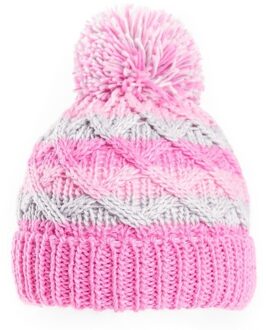 Gebreide winter muts roze/grijs met pompon voor baby