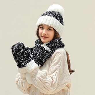 Gebreide Winter Muts Sjaal Set Vrouwen Dikke Katoenen Mutsen En Ring Sjaal Vrouwelijke Gebreide Winter Accessoires Meisjes Voor Vrouwen d19 zwart