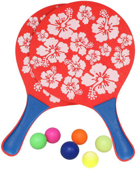 Gebro Beachball set - hout - kleurenmix - strand sporten speelset - met 6x balletjes