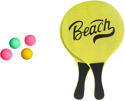 Gebro Strand Beachball set - hout - geel - strand sport speelset - met 5x balletjes