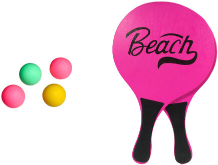 Gebro Strand Beachball set - hout - roze - strand sport speelset - met 5x balletjes