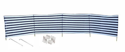 Gebro Strand/camping windscherm gestreept wit/blauw 2 meter x 120 cm incl. haringen en scheerlijnen
