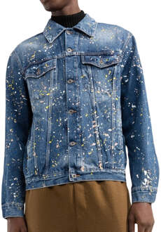 Gebroken witte verfspetter skate-fit blauw spijkerjack