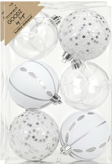 Gedecoreerde kerstballen - 12x st - 8 cm - kunststof - zilver/wit