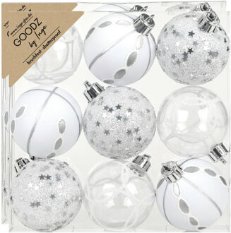Gedecoreerde kerstballen - 18x st - 6 cm - kunststof - zilver/wit