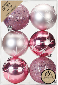 Gedecoreerde kerstballen - 6x st - 8 cm - kunststof - roze